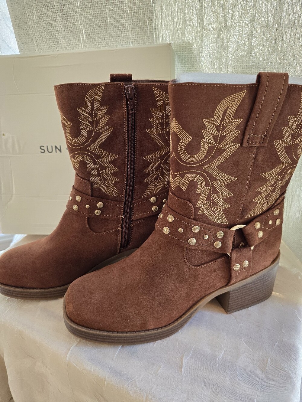 Women’s Sun & Stone Brown Suede Western Boot with Studded Strap